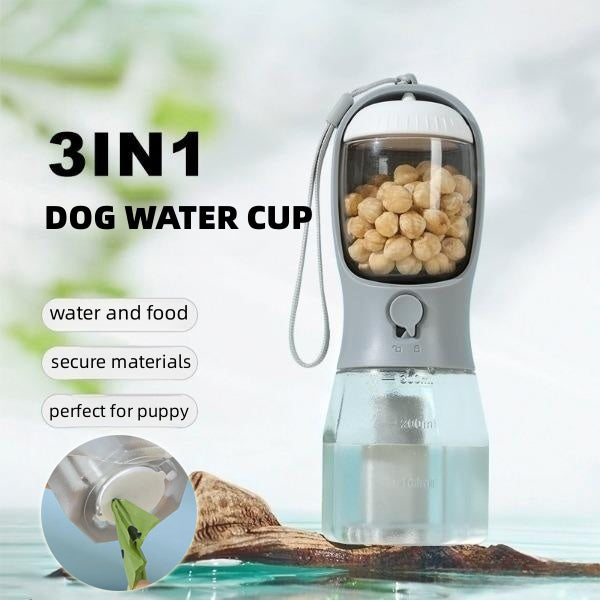 3-in-1 Dog Water Bottle with Food Container & Poop Bag Holder – Portable Pet Travel Cup for Dogs