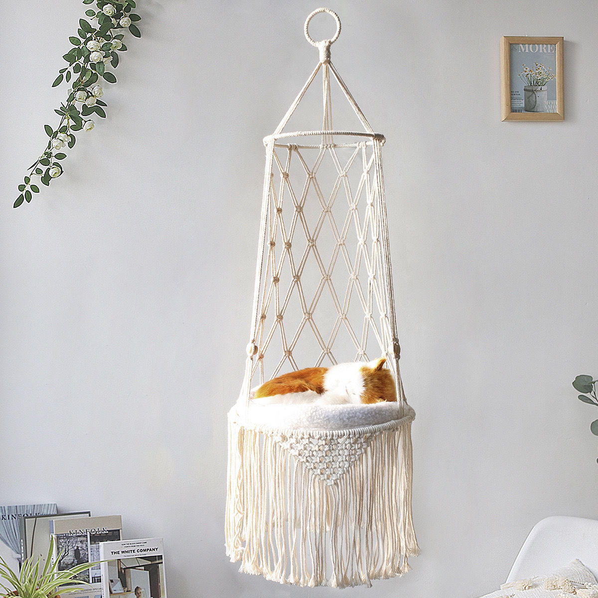 Macrame Hanging Cat Bed Boho Cat Hammock Wall Mounted Pet Swing Cozy Hanging Pet Bed for Cats