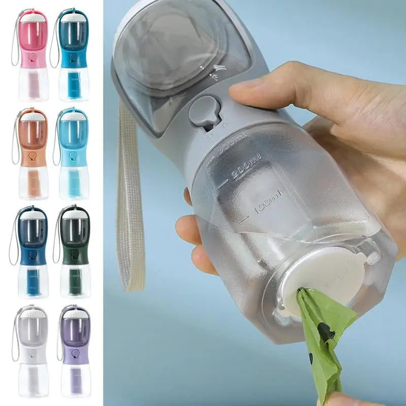 3-in-1 Dog Water Bottle with Food Container & Poop Bag Holder – Portable Pet Travel Cup for Dogs