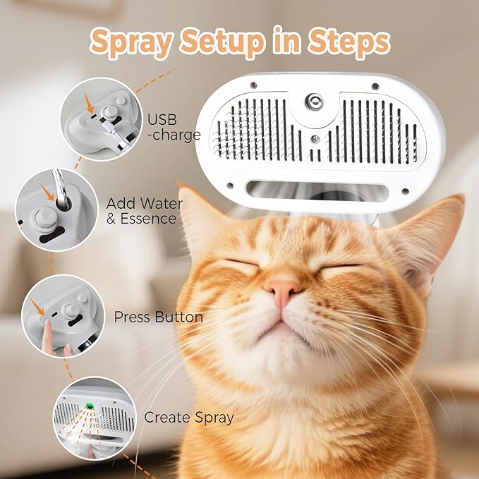 3-in-1 Cat Steam Brush – Pet Spray Grooming Comb with Water Mist, Deshedding & Hair Removal Tool for Cats & Dogs