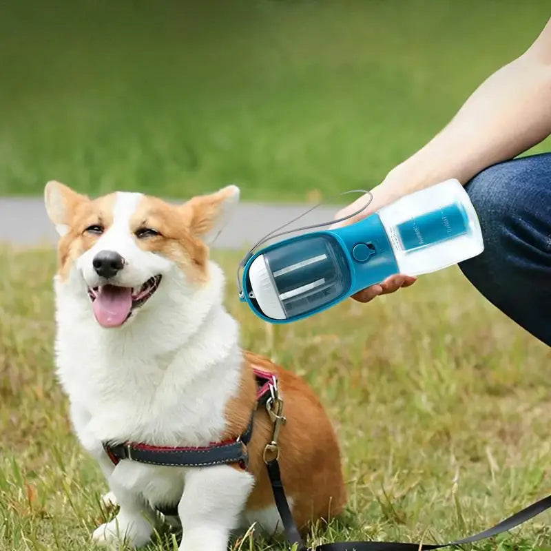 3-in-1 Dog Water Bottle with Food Container & Poop Bag Holder – Portable Pet Travel Cup for Dogs