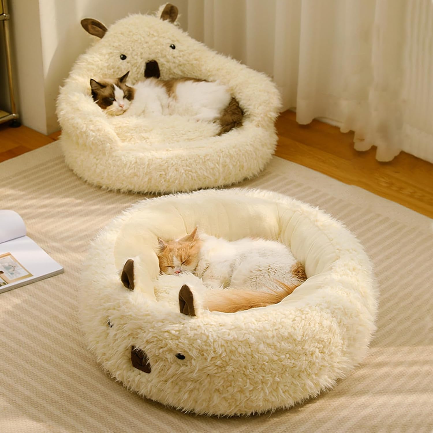 Calming Alpaca Pet Bed for Dogs & Cats Plush Warm Nest Anti-Slip Orthopedic Bed with Detachable Cushion