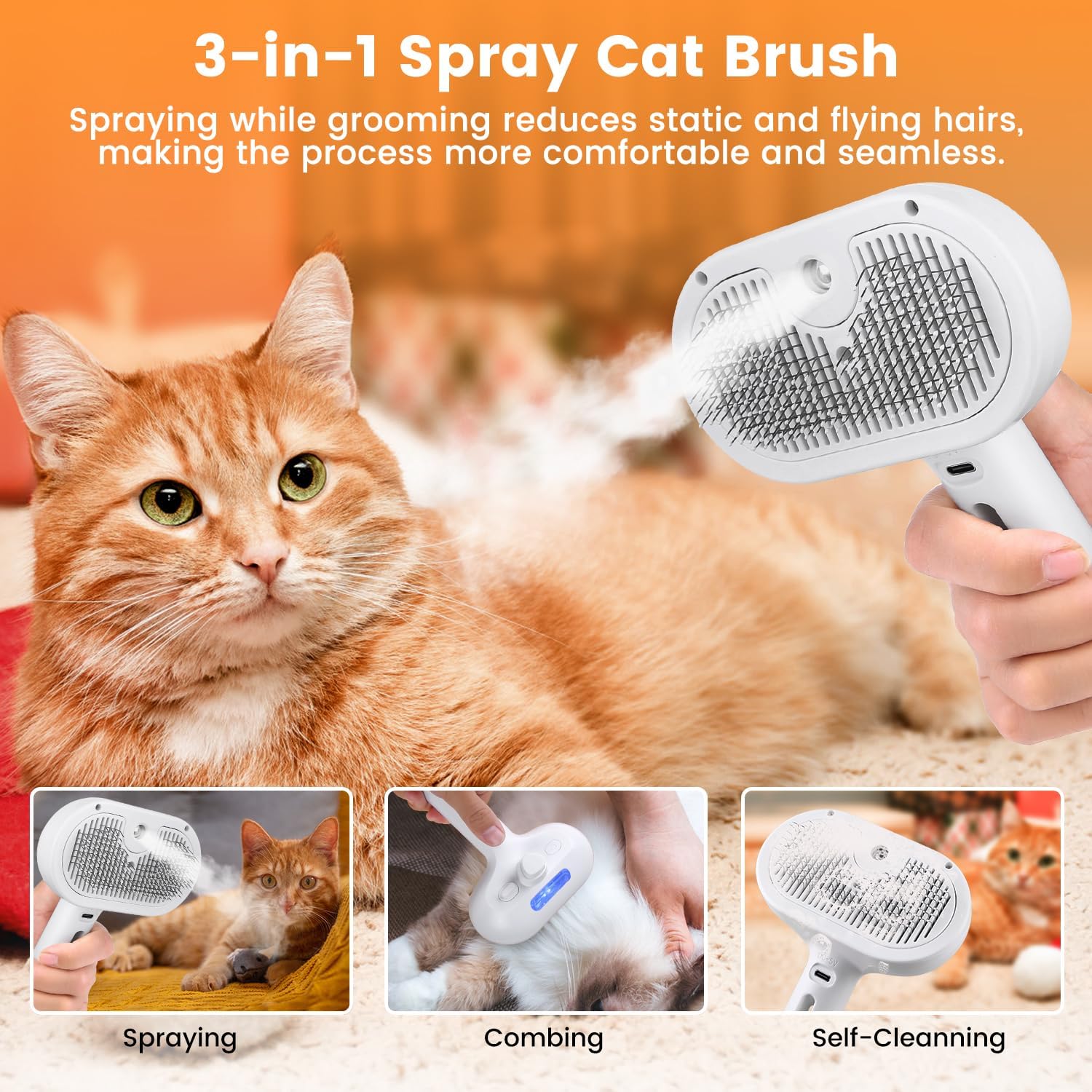 3-in-1 Cat Steam Brush – Pet Spray Grooming Comb with Water Mist, Deshedding & Hair Removal Tool for Cats & Dogs