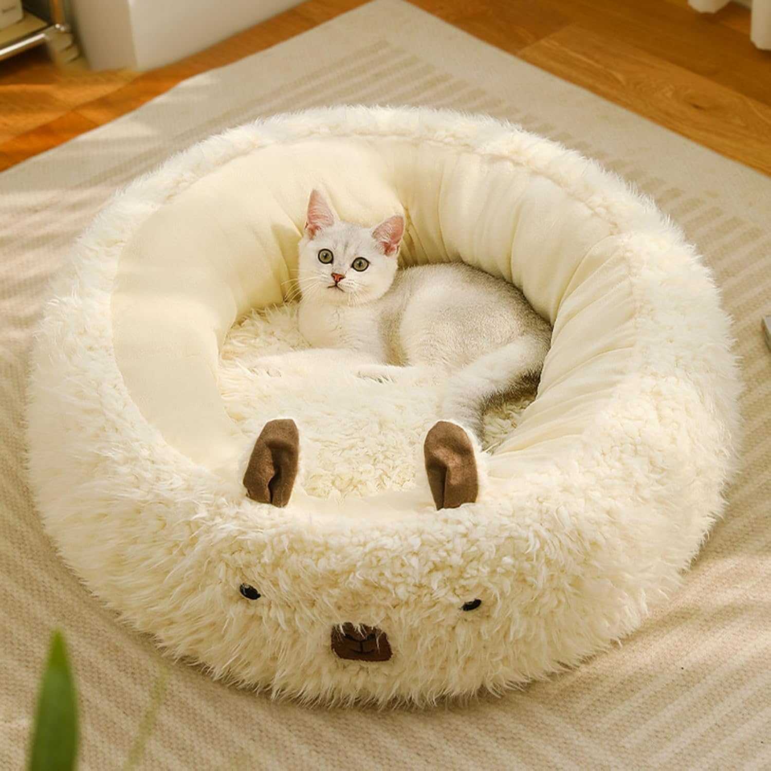 Calming Alpaca Pet Bed for Dogs & Cats Plush Warm Nest Anti-Slip Orthopedic Bed with Detachable Cushion