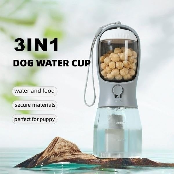 3-in-1 Dog Water Bottle with Food Container & Poop Bag Holder – Portable Pet Travel Cup for Dogs