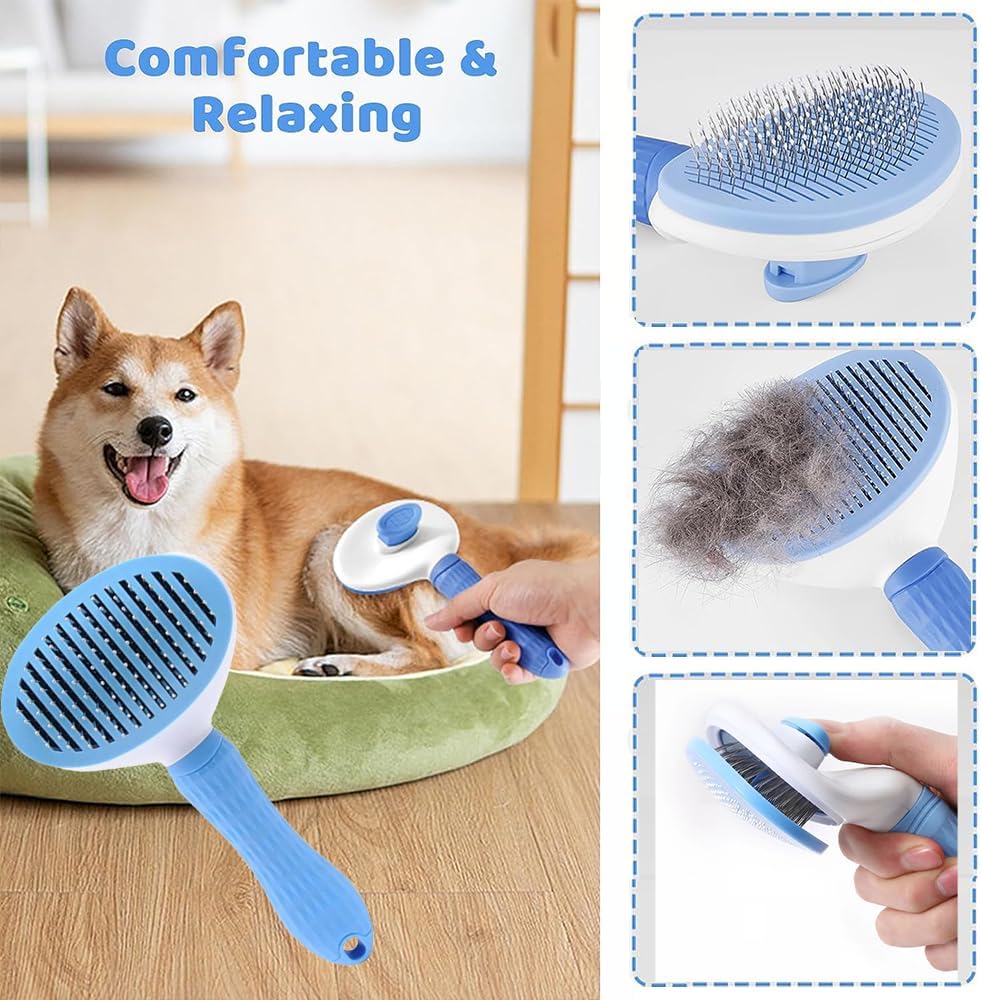 7pcs Pet Grooming Kit – Self-Cleaning Slicker Brush, Nail Clipper, Flea Comb & Bath Brush Set for Dogs & Cats