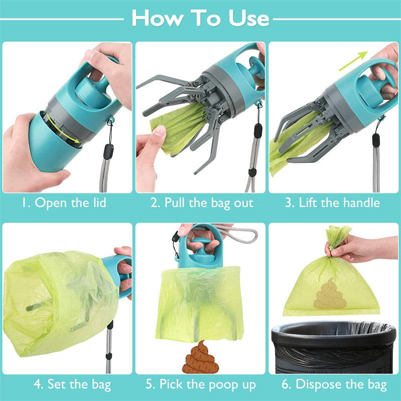 Portable Dog Pooper Scooper with Built-in Bag Dispenser – Lightweight 8-Claw Pet Waste Picker