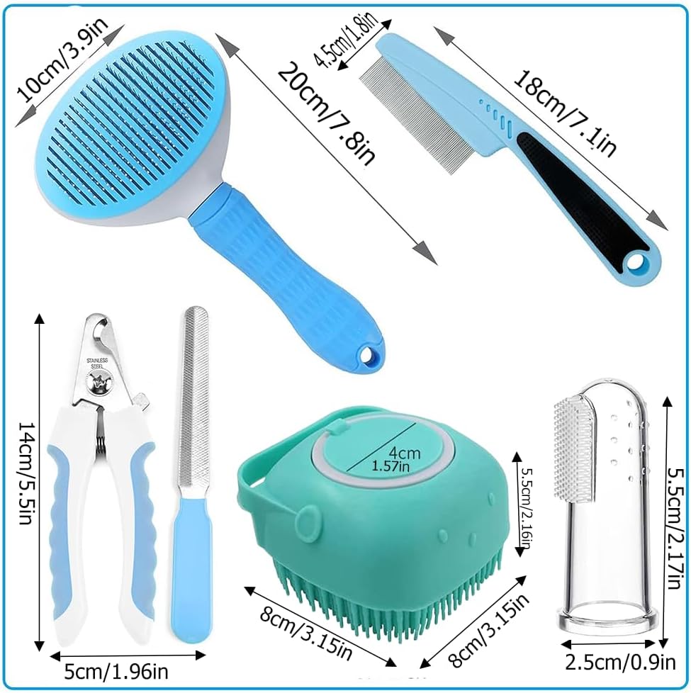 7pcs Pet Grooming Kit – Self-Cleaning Slicker Brush, Nail Clipper, Flea Comb & Bath Brush Set for Dogs & Cats