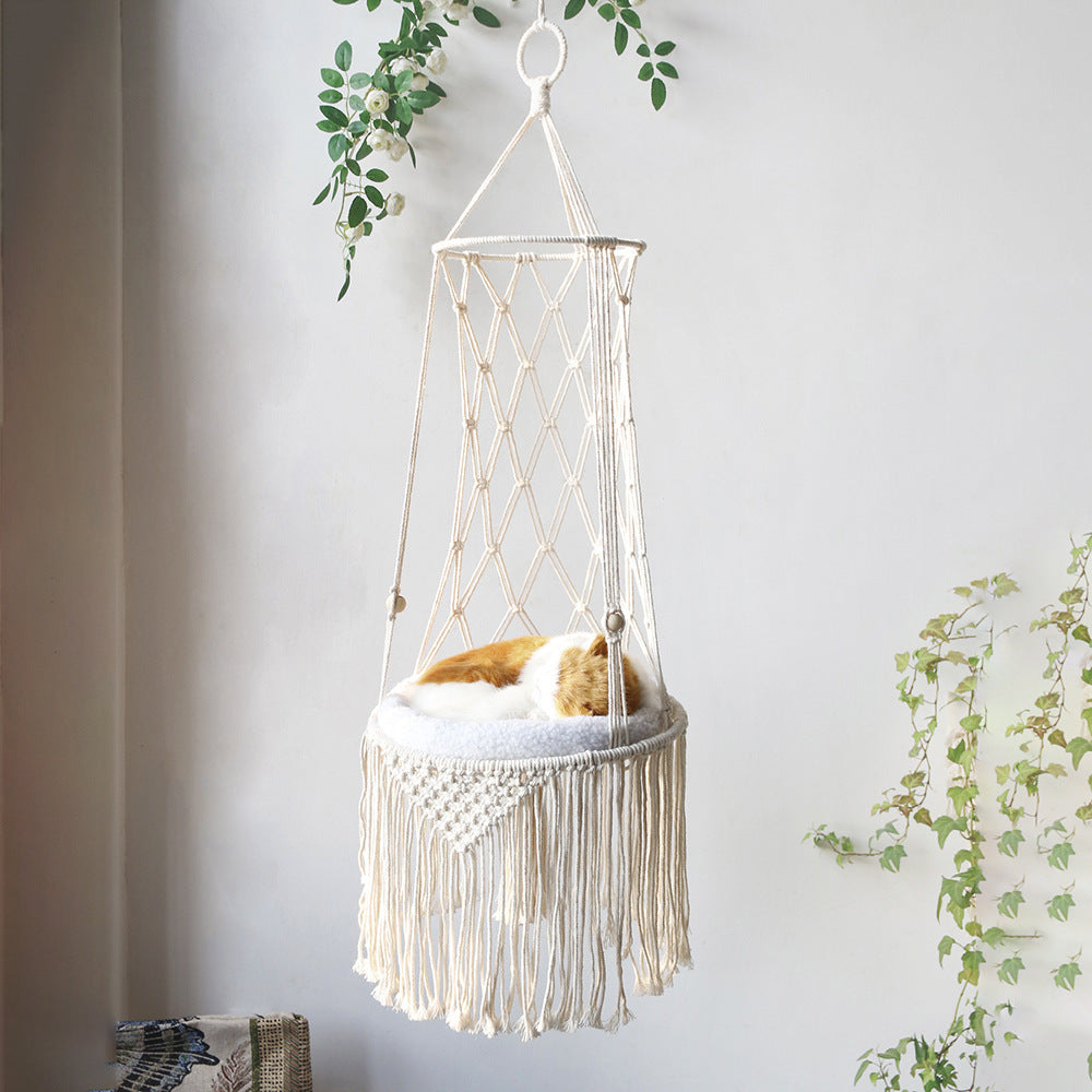 Macrame Hanging Cat Bed Boho Cat Hammock Wall Mounted Pet Swing Cozy Hanging Pet Bed for Cats